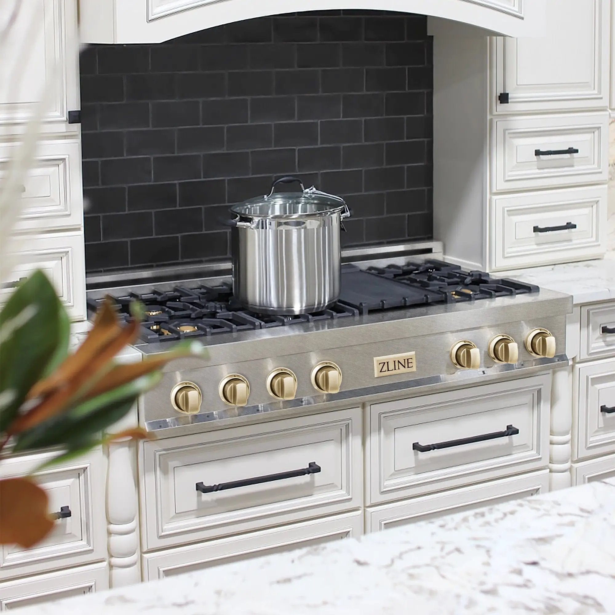 ZLINE 48" Autograph Edition, Rangetop, DuraSnow, Gold Accent, RTSZ-48-G by Farmhouse Kitchen and Bath