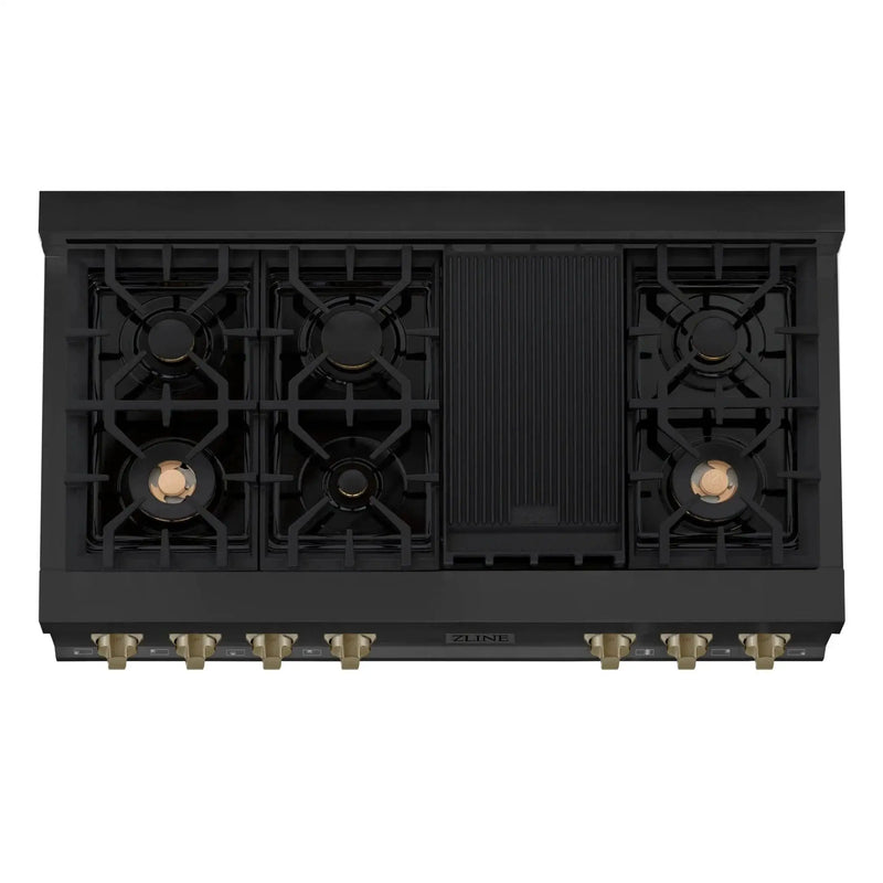 ZLINE 48" Autograph Rangetop, Black Stainless, Champagne Bronze Accents, RTBZ-48-CB by Farmhouse Kitchen and Bath