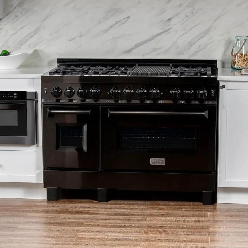 ZLINE 48" Black Stainless, Gas Burner, Electric Oven Range, RAB-48 by Farmhouse Kitchen and Bath