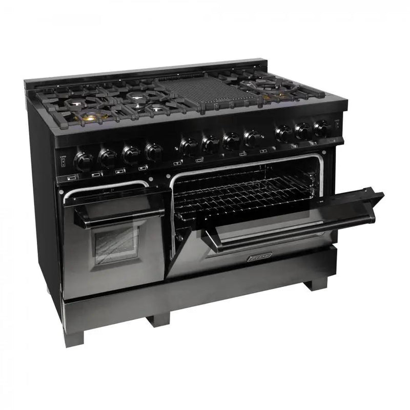 ZLINE 48" Black Stainless, Gas Burner, Electric Oven Range, RAB-48 by Farmhouse Kitchen and Bath