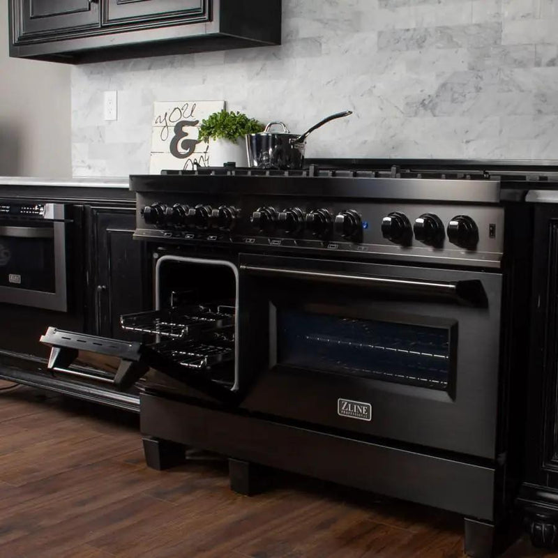 ZLINE 48" Black Stainless, Gas Burner, Electric Oven Range, RAB-48 by Farmhouse Kitchen and Bath