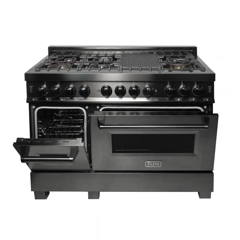 ZLINE 48" Black Stainless, Gas Burner, Electric Oven Range, RAB-48 by Farmhouse Kitchen and Bath