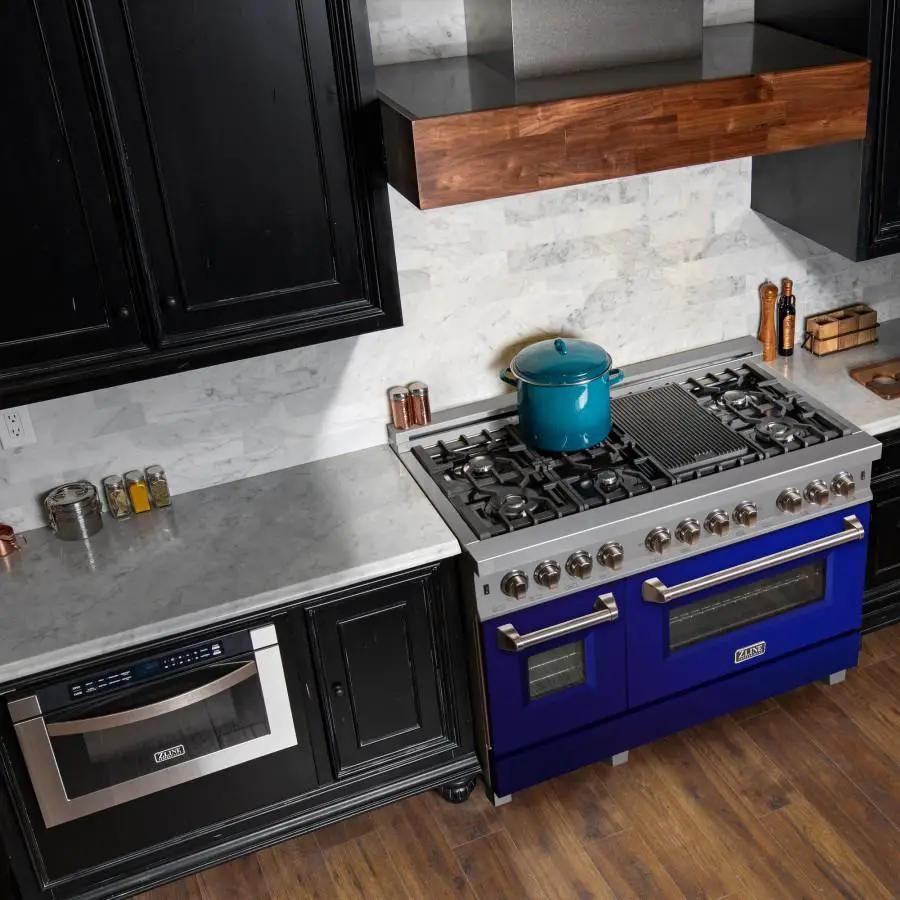 ZLINE 48" Dual Fuel Range in Snow Stainless, Blue Gloss Door, RAS-BG-48 by Farmhouse Kitchen and Bath