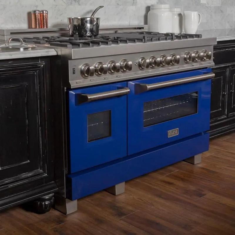 ZLINE 48" Dual Fuel Range in Snow Stainless, Blue Gloss Door, RAS-BG-48 by Farmhouse Kitchen and Bath