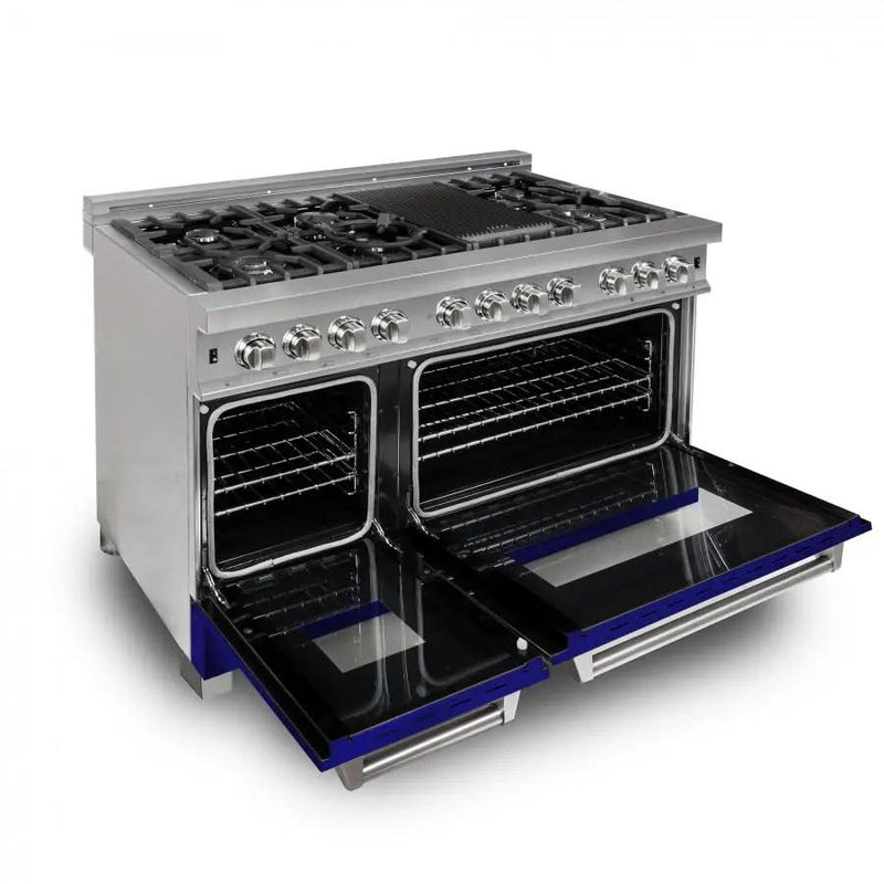 ZLINE 48" Dual Fuel Range Snow Stainless, Blue Matte Door, RAS-BM-48 by Farmhouse Kitchen and Bath
