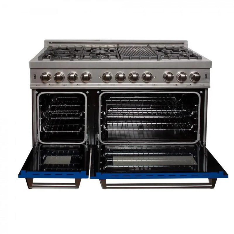 ZLINE 48" Dual Fuel Range Snow Stainless, Blue Matte Door, RAS-BM-48 by Farmhouse Kitchen and Bath
