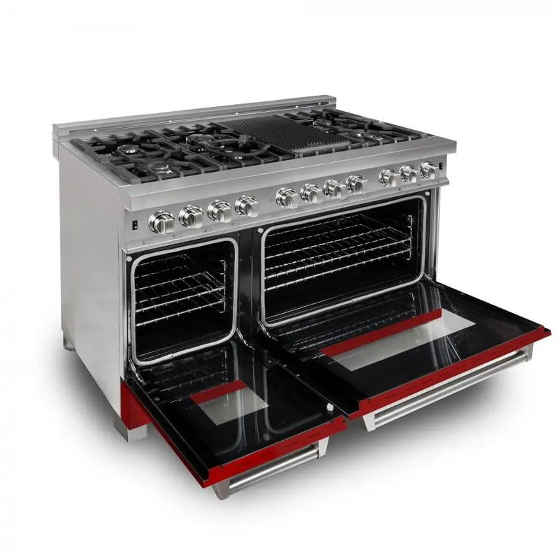 ZLINE 48" Dual Fuel Range Snow Stainless, Red Matte Door, RAS-RM-48 by Farmhouse Kitchen and Bath
