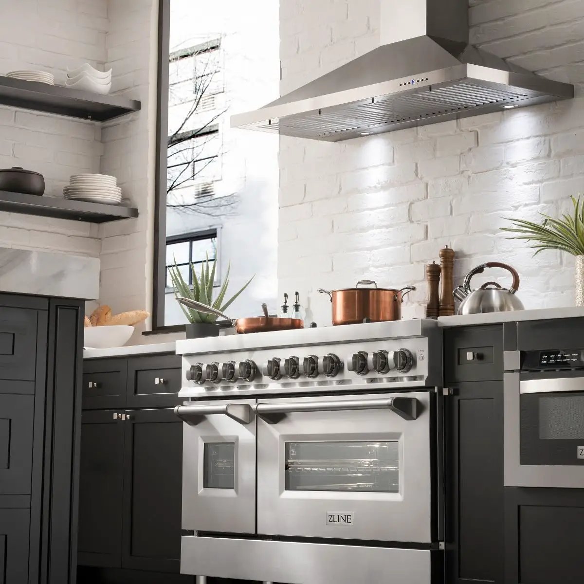 ZLINE 48" Gas Burner/Electric Oven Range Stainless, Brass Burners, RA-BR-48 by Farmhouse Kitchen and Bath