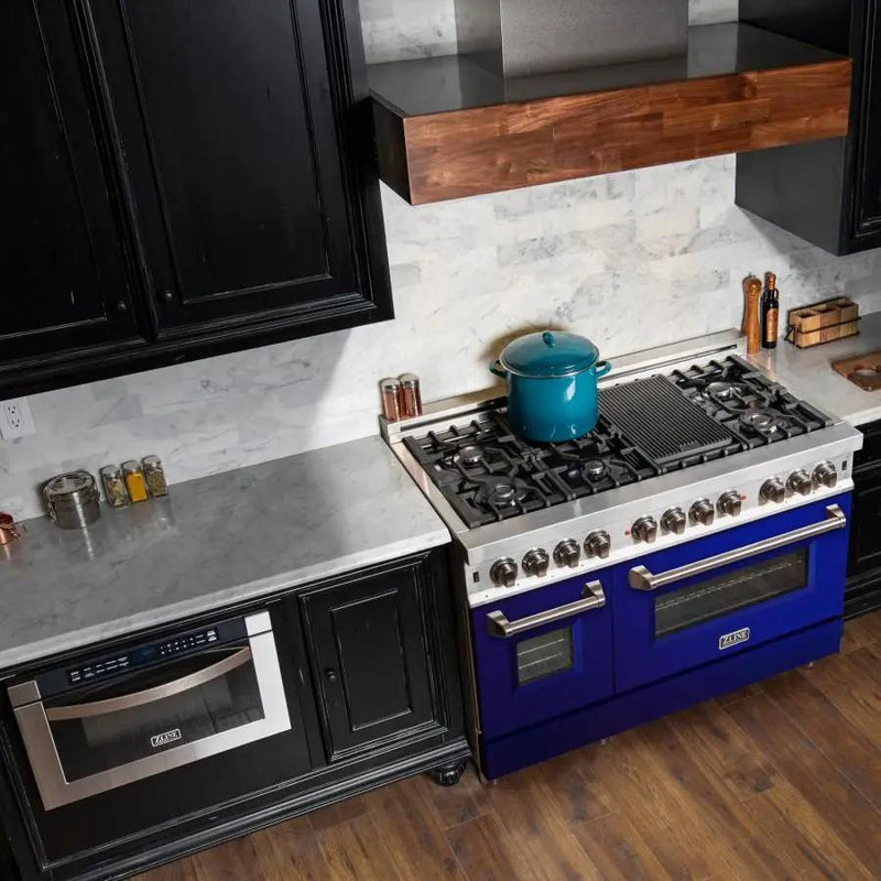 ZLINE 48" Professional Dual Fuel Range with Blue Gloss Door, RA-BG-48 by Farmhouse Kitchen and Bath