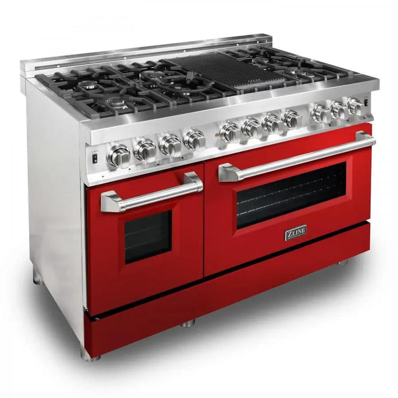 ZLINE 48" Professional Dual Fuel Range with Red Gloss Door, RA-RG-48 by Farmhouse Kitchen and Bath