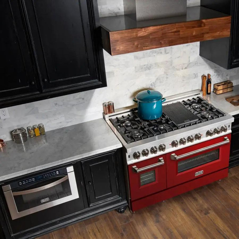 ZLINE 48" Professional Dual Fuel Range with Red Gloss Door, RA-RG-48 by Farmhouse Kitchen and Bath