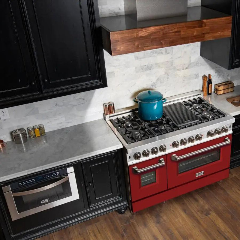 ZLINE 48" Professional Dual Fuel Range with Red Matte Door, RA-RM-48 by Farmhouse Kitchen and Bath