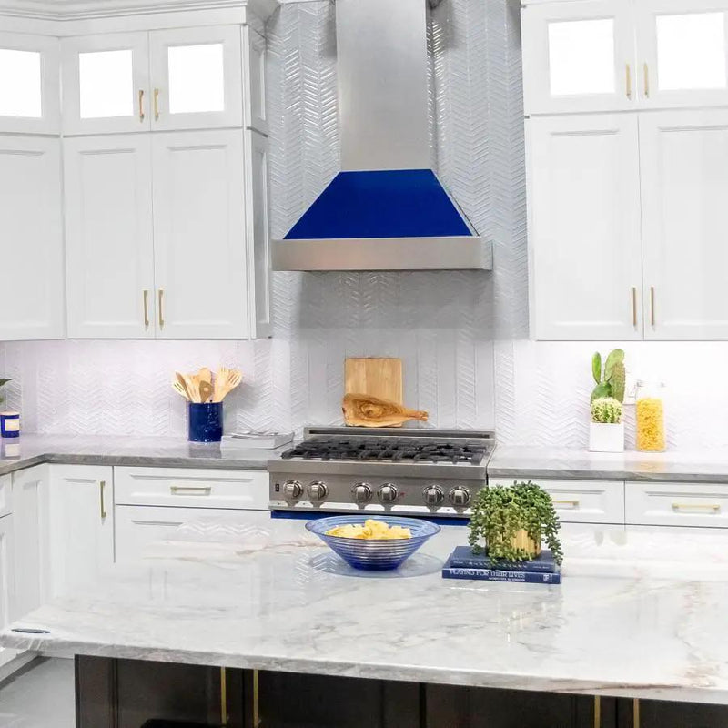 ZLINE 48" Snow Finish Wall Range Hood, Blue Gloss Shell, 8654BG-48 by Farmhouse Kitchen and Bath