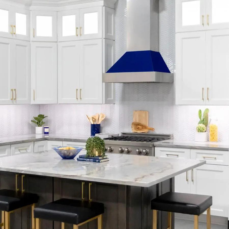 ZLINE 48" Snow Finish Wall Range Hood, Blue Gloss Shell, 8654BG-48 by Farmhouse Kitchen and Bath