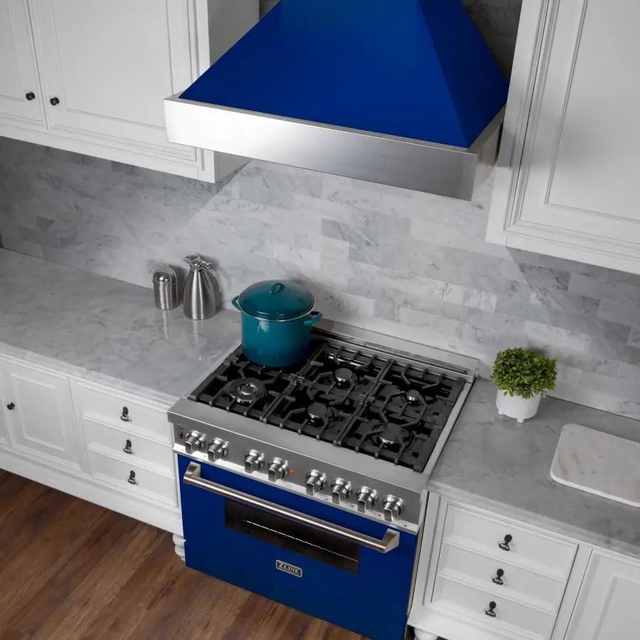 ZLINE 48" Snow Finish Wall Range Hood, Blue Gloss Shell, 8654BG-48 by Farmhouse Kitchen and Bath