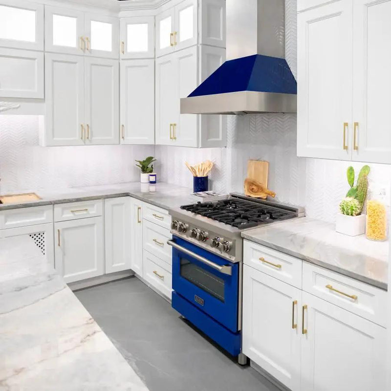 ZLINE 48" Snow Finish Wall Range Hood, Blue Gloss Shell, 8654BG-48 by Farmhouse Kitchen and Bath