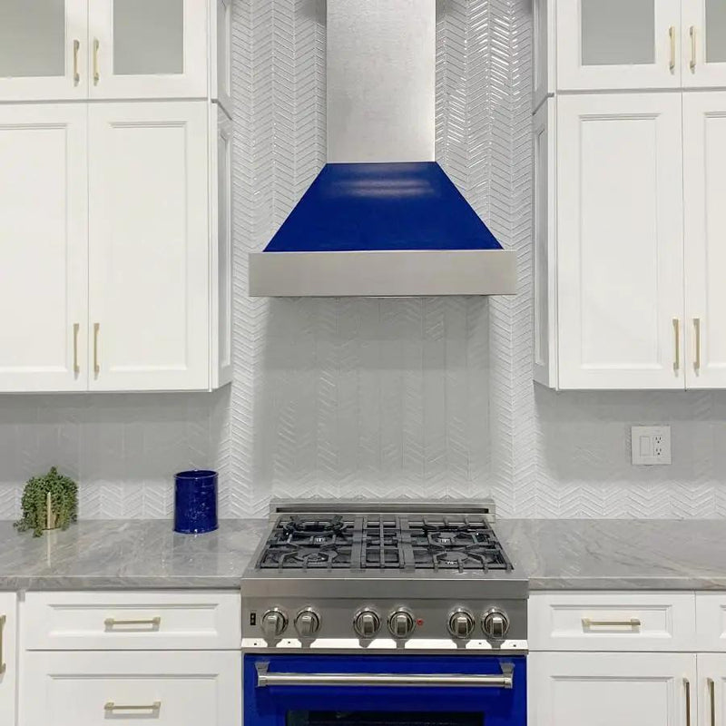 ZLINE 48" Snow Finish Wall Range Hood, Blue Gloss Shell, 8654BG-48 by Farmhouse Kitchen and Bath