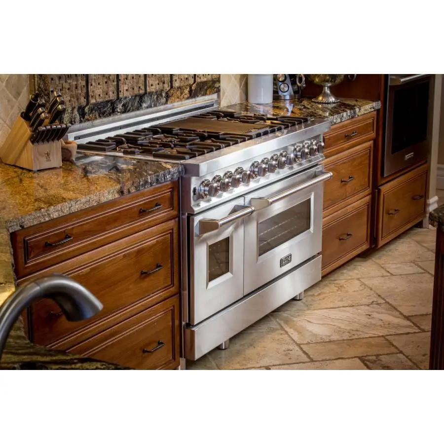ZLINE 48" Stainless Steel 6.0 cu.ft. 7 Gas Burner/Electric Oven Range with Griddle RA48 by Farmhouse Kitchen and Bath