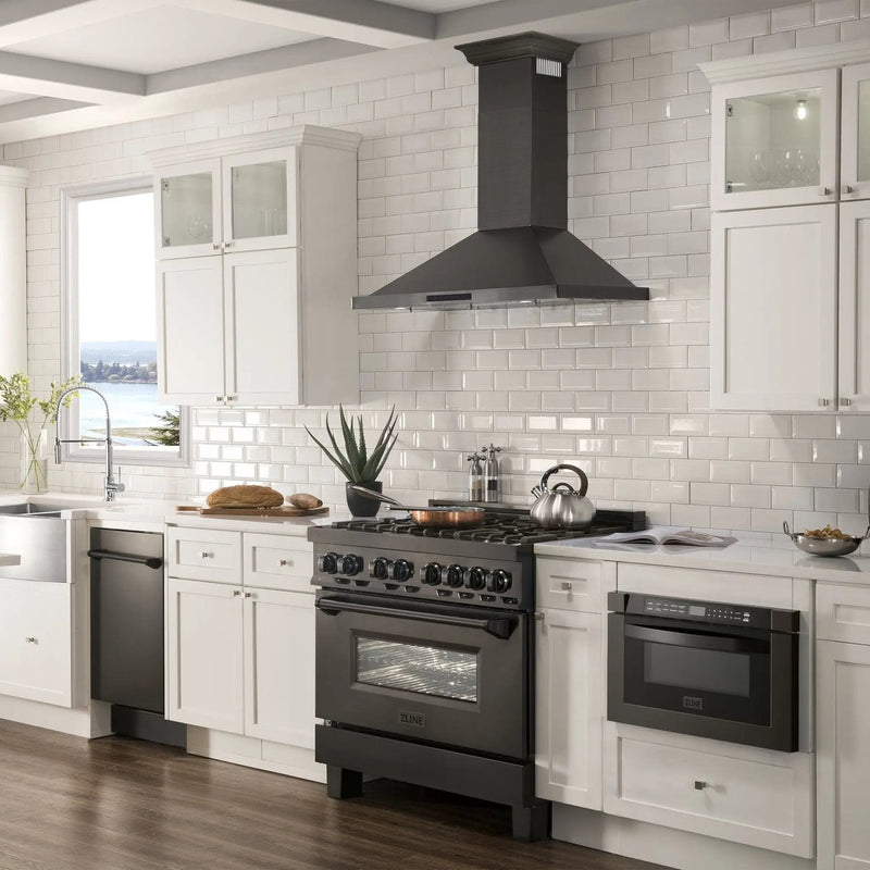 ZLINE 48" Wall Range Hood, Black Stainless, Crown Molding, BSKBNCRN-48 by Farmhouse Kitchen and Bath