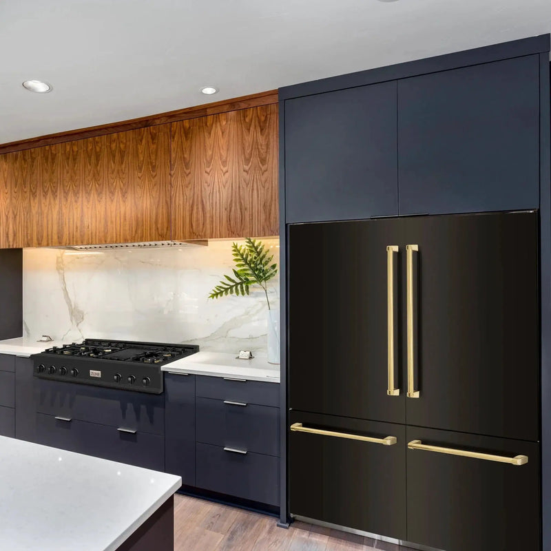 ZLINE 60" Autograph 32.2 cu. ft. 4-Door French Door Fridge Water/Ice Dispenser Black Stainless Steel Gold Accents RBIVZ-BS-60-G by Farmhouse Kitchen and Bath