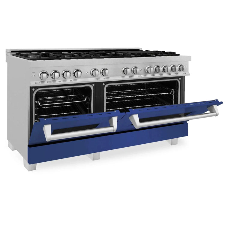 ZLINE 60" Dual Fuel Range Snow Stainless, Blue Matte Door, RAS-BM-60 by Farmhouse Kitchen and Bath