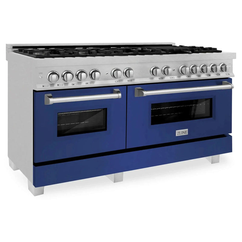 ZLINE 60" Dual Fuel Range Snow Stainless, Blue Matte Door, RAS-BM-60 by Farmhouse Kitchen and Bath