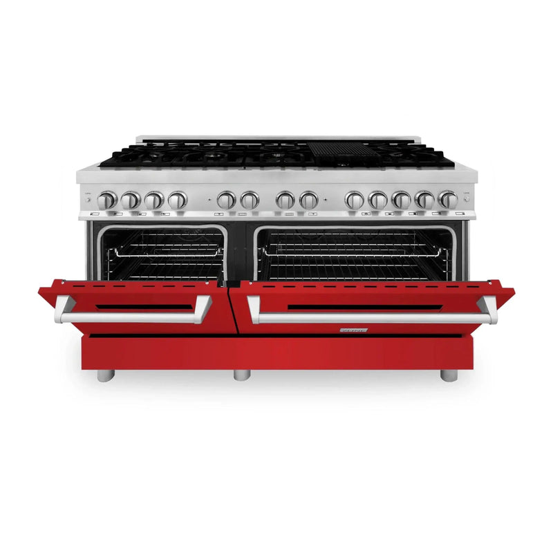 ZLINE 60" Professional Dual Fuel Range with Red Gloss Door, RA-RG-60 by Farmhouse Kitchen and Bath