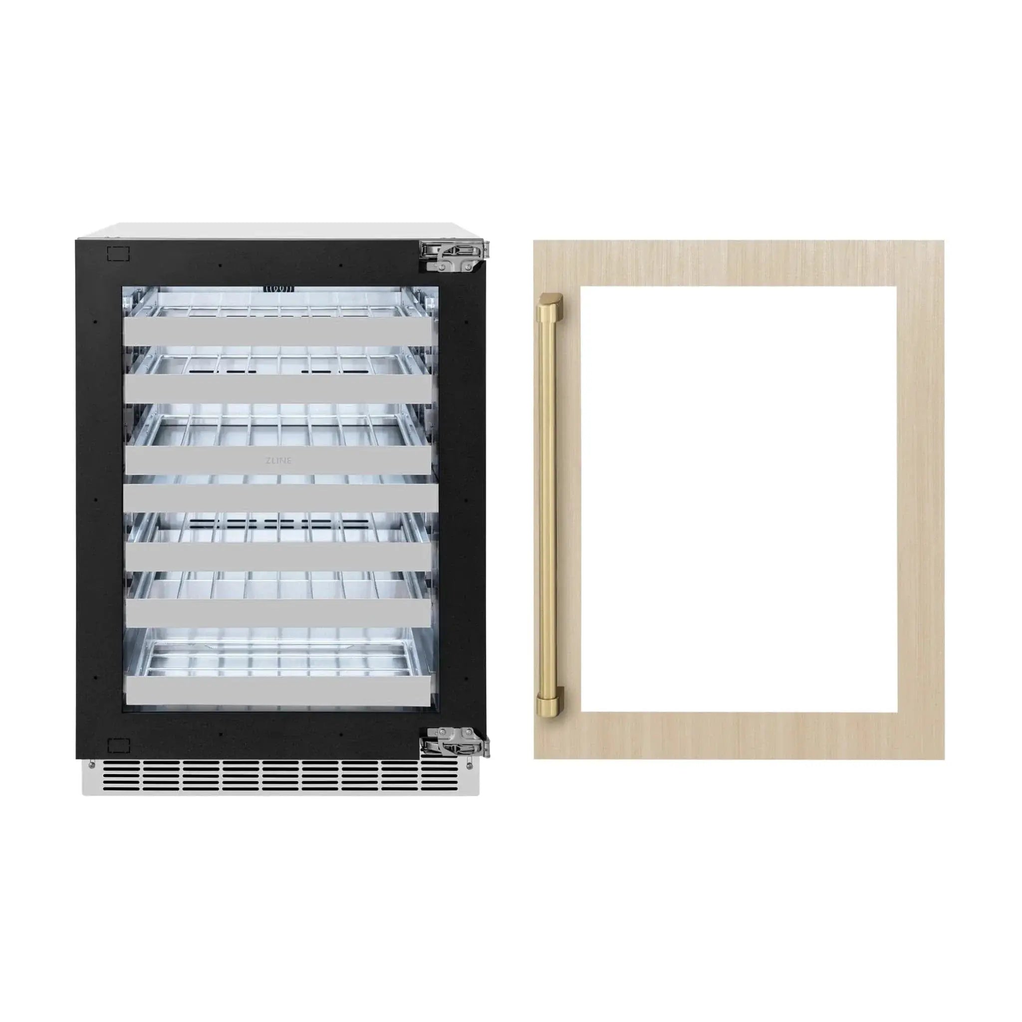 ZLINE Autograph 24 in. Dual Zone 44 Bottle Wine Cooler With Panel Ready Glass Door And Champagne Bronze Handle RWDPOZ-24-CB by Farmhouse Kitchen and Bath