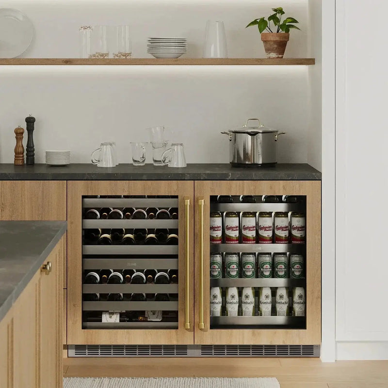 ZLINE Autograph 24 in. Dual Zone 44 Bottle Wine Cooler With Panel Ready Glass Door And Champagne Bronze Handle RWDPOZ-24-CB by Farmhouse Kitchen and Bath