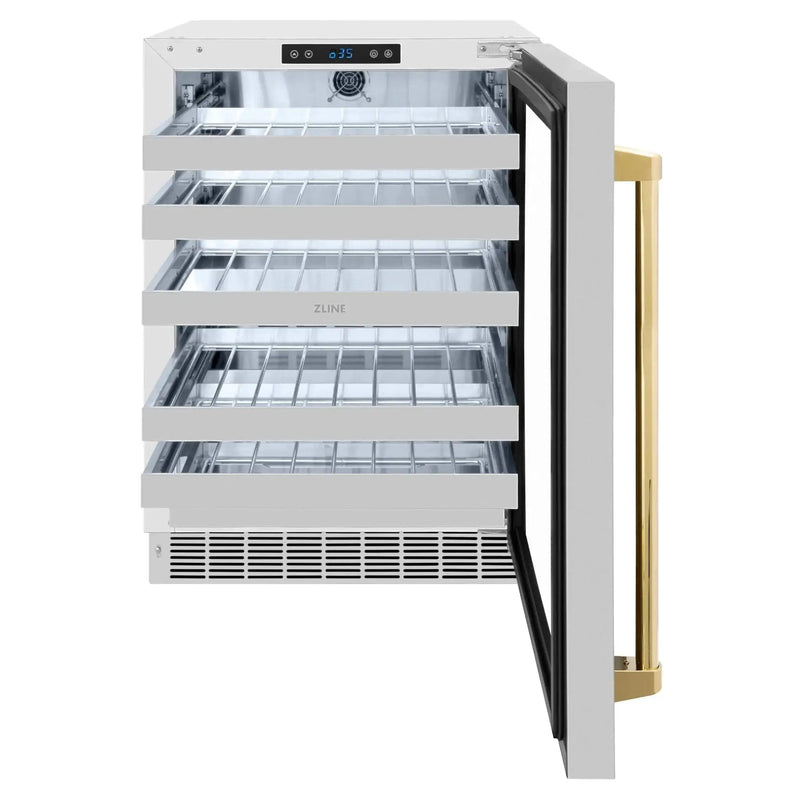 ZLINE Autograph 24 in. Dual Zone 44 Bottle Wine Cooler With Stainless Steel Glass Door And Polished Gold Handle RWDOZ-GS-24-G by Farmhouse Kitchen and Bath