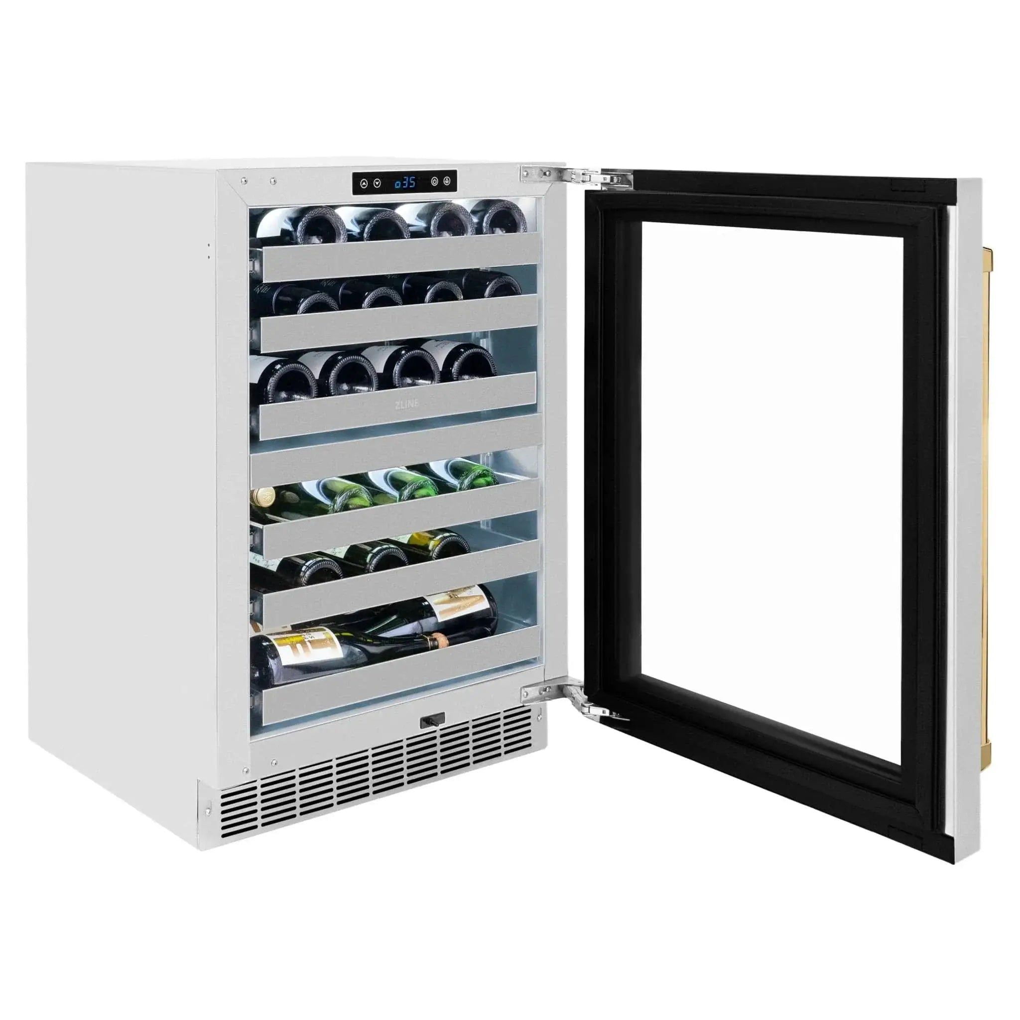 ZLINE Autograph 24 in. Dual Zone 44 Bottle Wine Cooler With Stainless Steel Glass Door And Polished Gold Handle RWDOZ-GS-24-G by Farmhouse Kitchen and Bath
