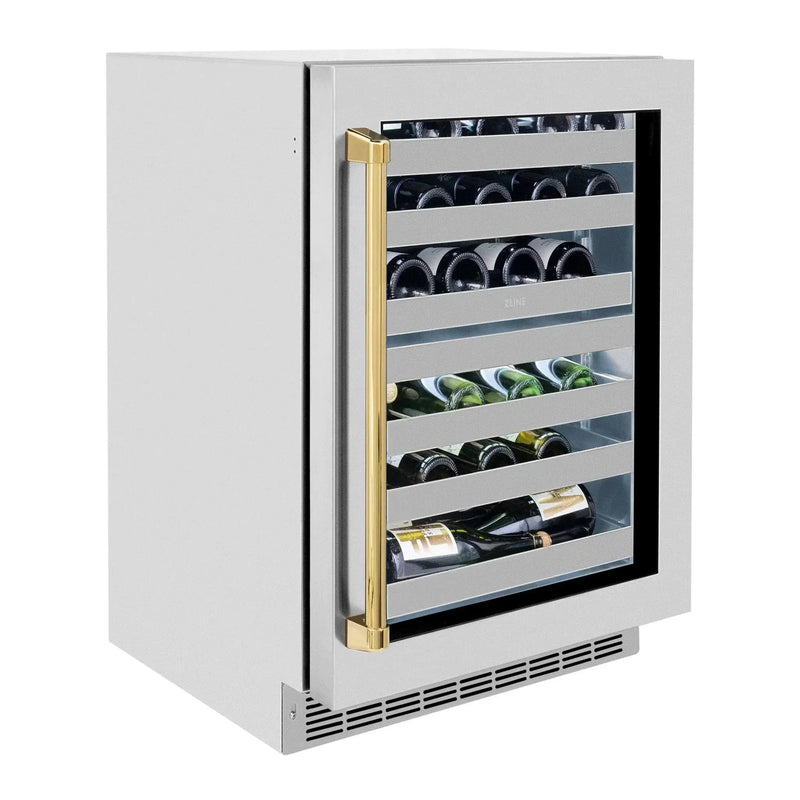 ZLINE Autograph 24 in. Dual Zone 44 Bottle Wine Cooler With Stainless Steel Glass Door And Polished Gold Handle RWDOZ-GS-24-G by Farmhouse Kitchen and Bath