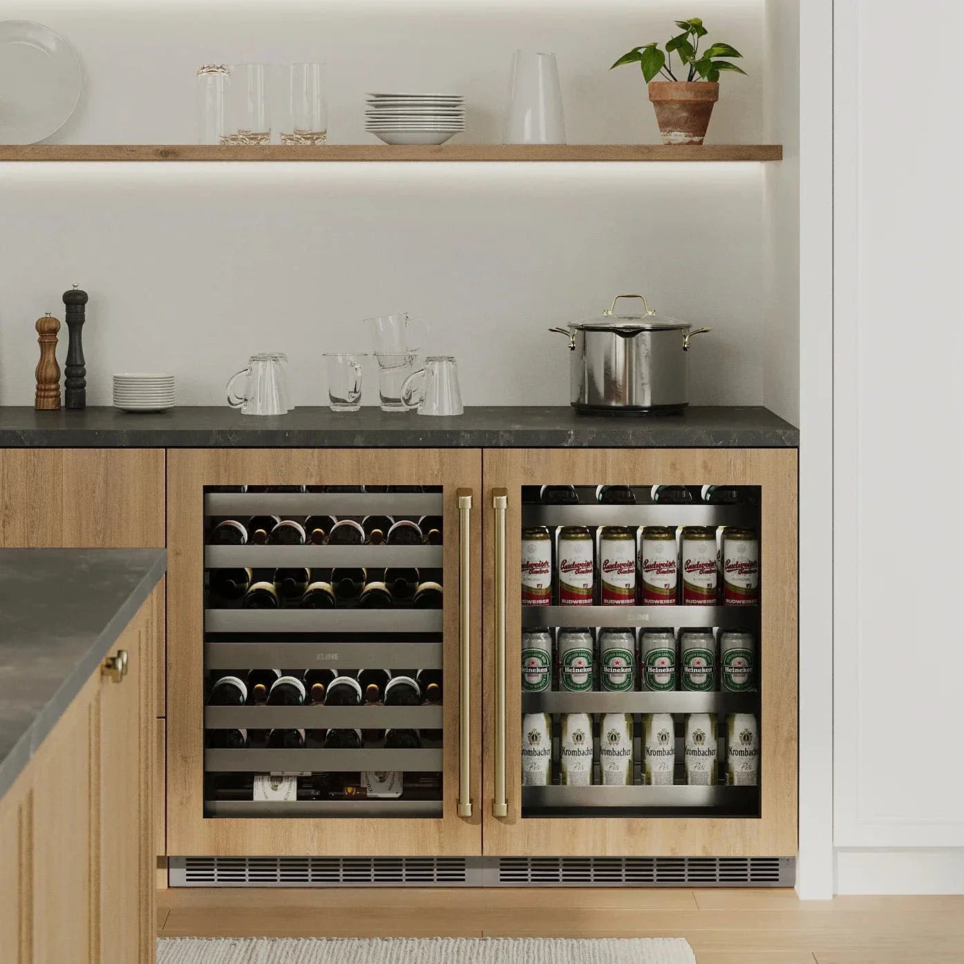 ZLINE Autograph 24 in. Dual Zone 44 Bottle Wine Cooler With Stainless Steel Glass Door And Polished Gold Handle RWDOZ-GS-24-G by Farmhouse Kitchen and Bath