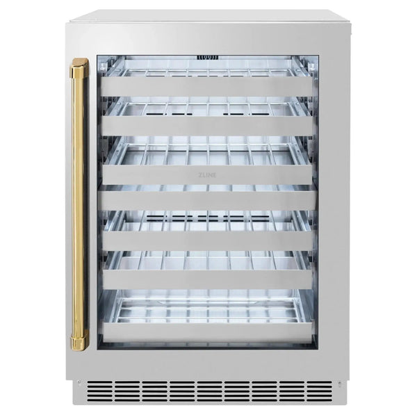 ZLINE Autograph 24 in. Dual Zone 44 Bottle Wine Cooler With Stainless Steel Glass Door And Polished Gold Handle RWDOZ-GS-24-G