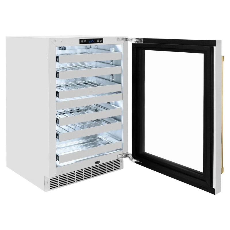ZLINE Autograph 24 in. Dual Zone 44 Bottle Wine Cooler With Stainless Steel Glass Door And Polished Gold Handle RWDOZ-GS-24-G by Farmhouse Kitchen and Bath