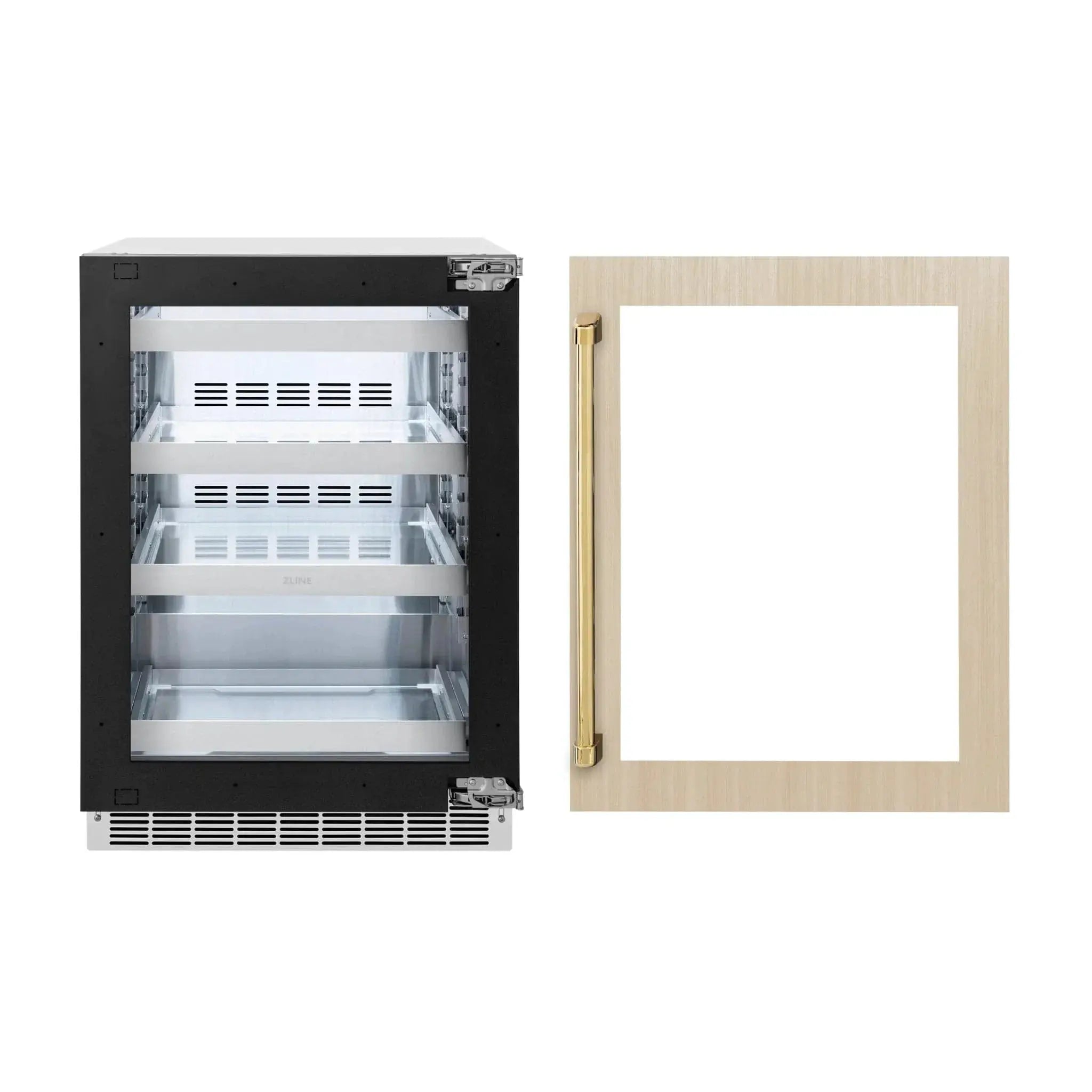 ZLINE Autograph Edition 24 in. Touchstone 151 Can Beverage Fridge With Panel Ready Glass Door And Polished Gold Handle RBSPOZ-24-G by Farmhouse Kitchen and Bath