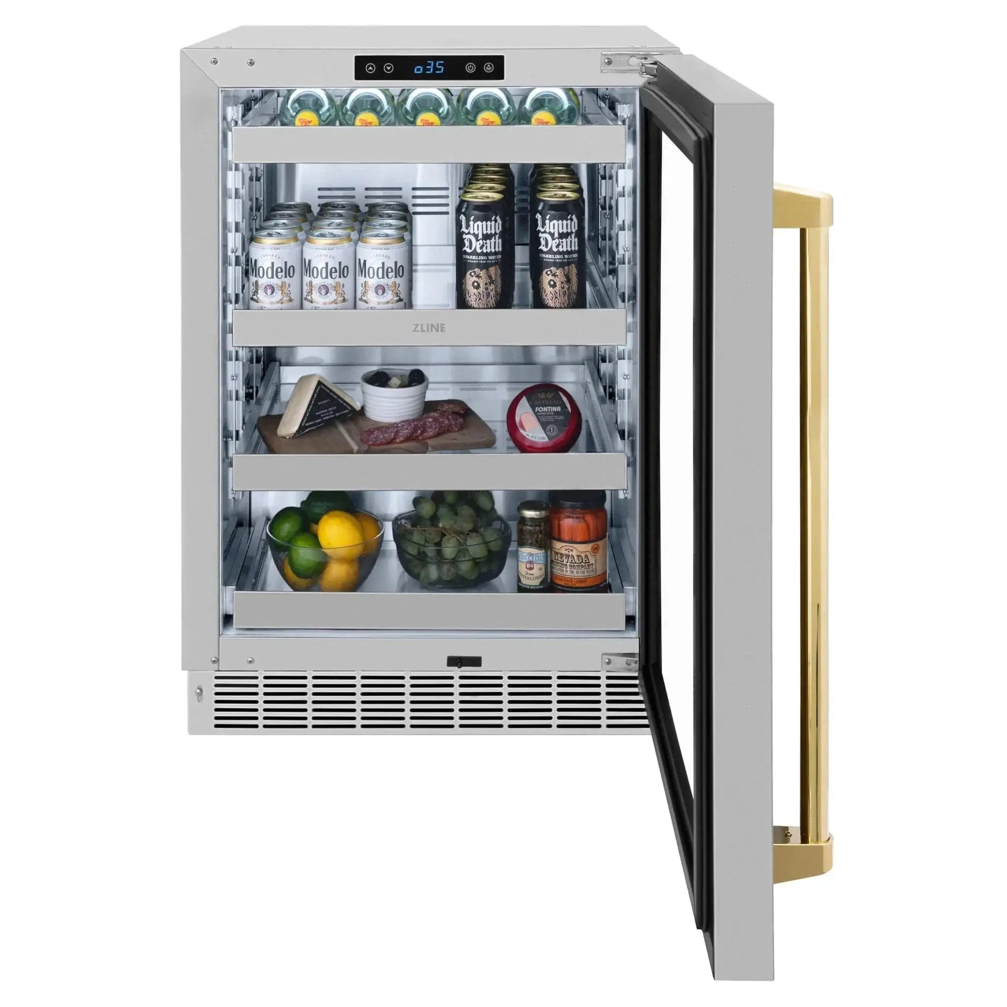 ZLINE Autograph Edition 24 in. Touchstone 151 Can Beverage Fridge With Stainless Steel Glass Door And Polished Gold Handle RBSOZ-GS-24-G by Farmhouse Kitchen and Bath
