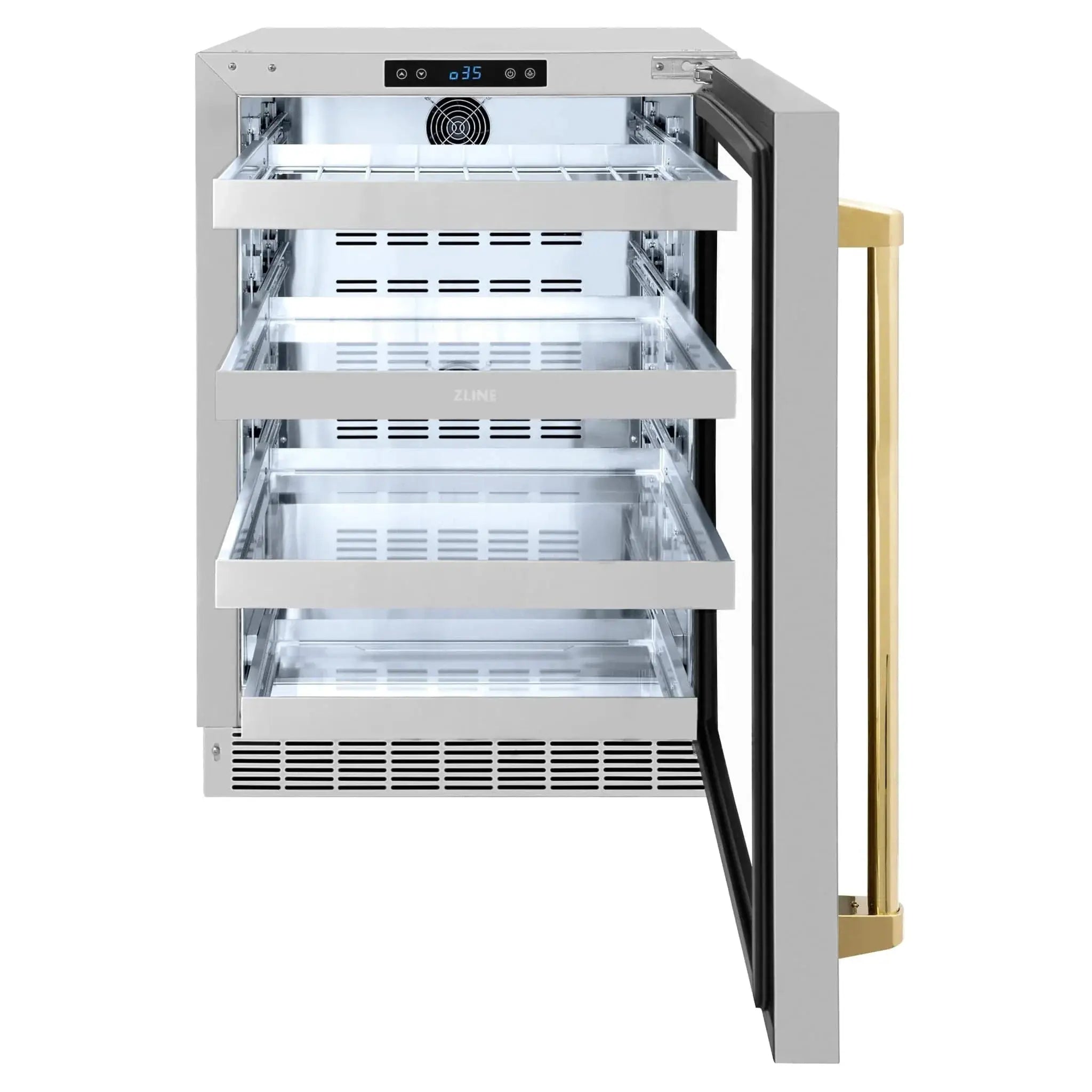 ZLINE Autograph Edition 24 in. Touchstone 151 Can Beverage Fridge With Stainless Steel Glass Door And Polished Gold Handle RBSOZ-GS-24-G by Farmhouse Kitchen and Bath