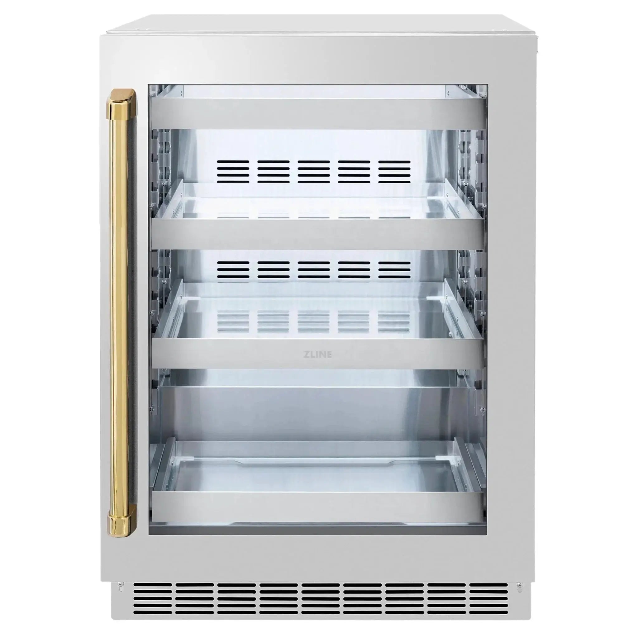 ZLINE Autograph Edition 24 in. Touchstone 151 Can Beverage Fridge With Stainless Steel Glass Door And Polished Gold Handle RBSOZ-GS-24-G by Farmhouse Kitchen and Bath