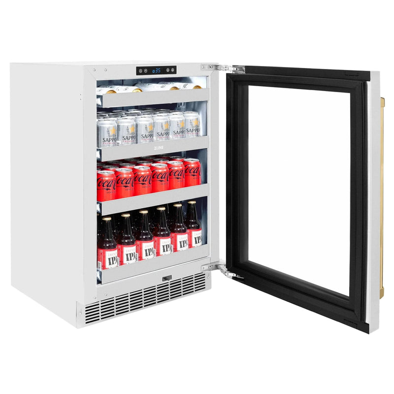ZLINE Autograph Edition 24 in. Touchstone 151 Can Beverage Fridge With Stainless Steel Glass Door And Polished Gold Handle RBSOZ-GS-24-G by Farmhouse Kitchen and Bath