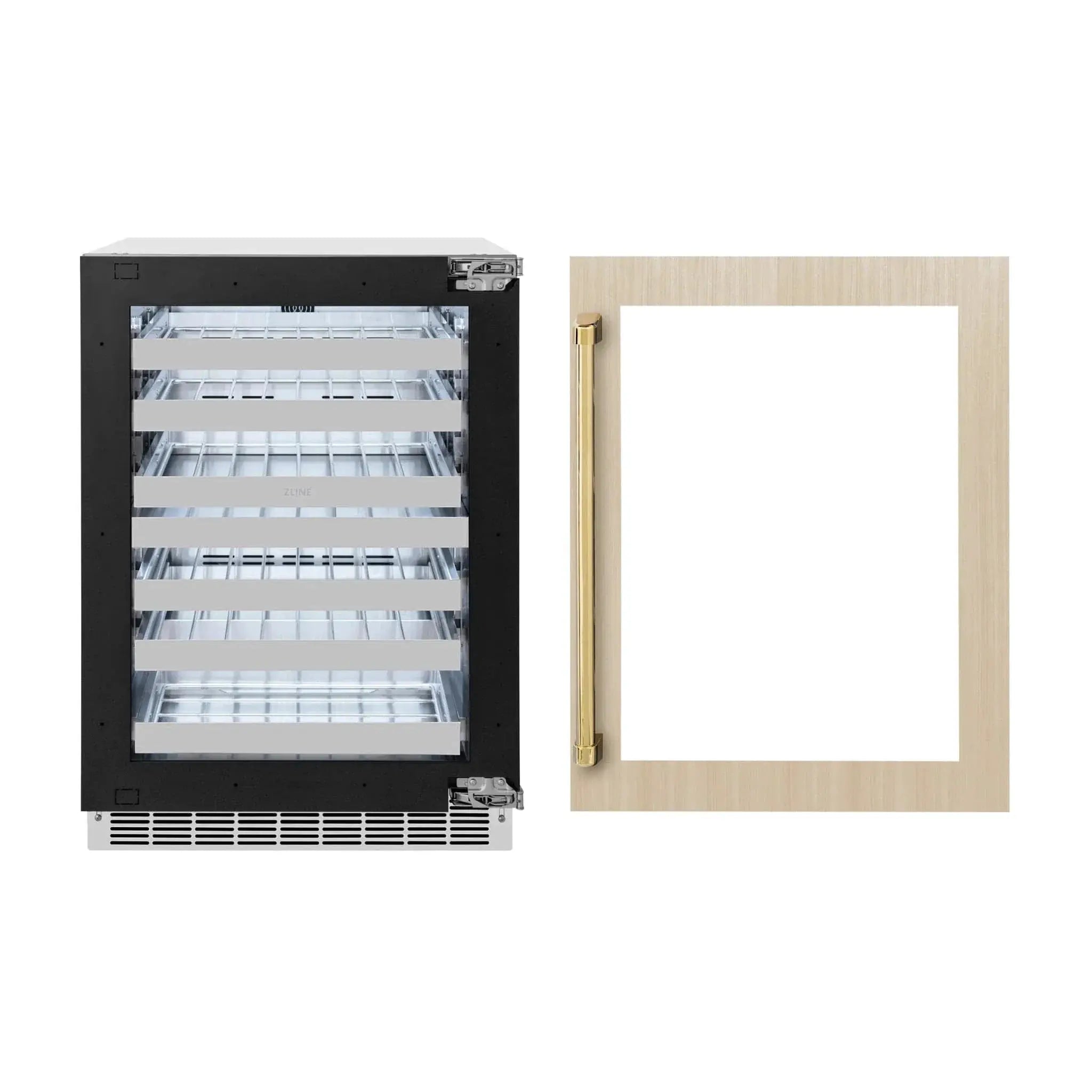ZLINE Autograph Edition 24 in. Touchstone Dual Zone 44 Bottle Wine Cooler With Panel Ready Glass Door And Polished Gold Handle RWDPOZ-24-G by Farmhouse Kitchen and Bath
