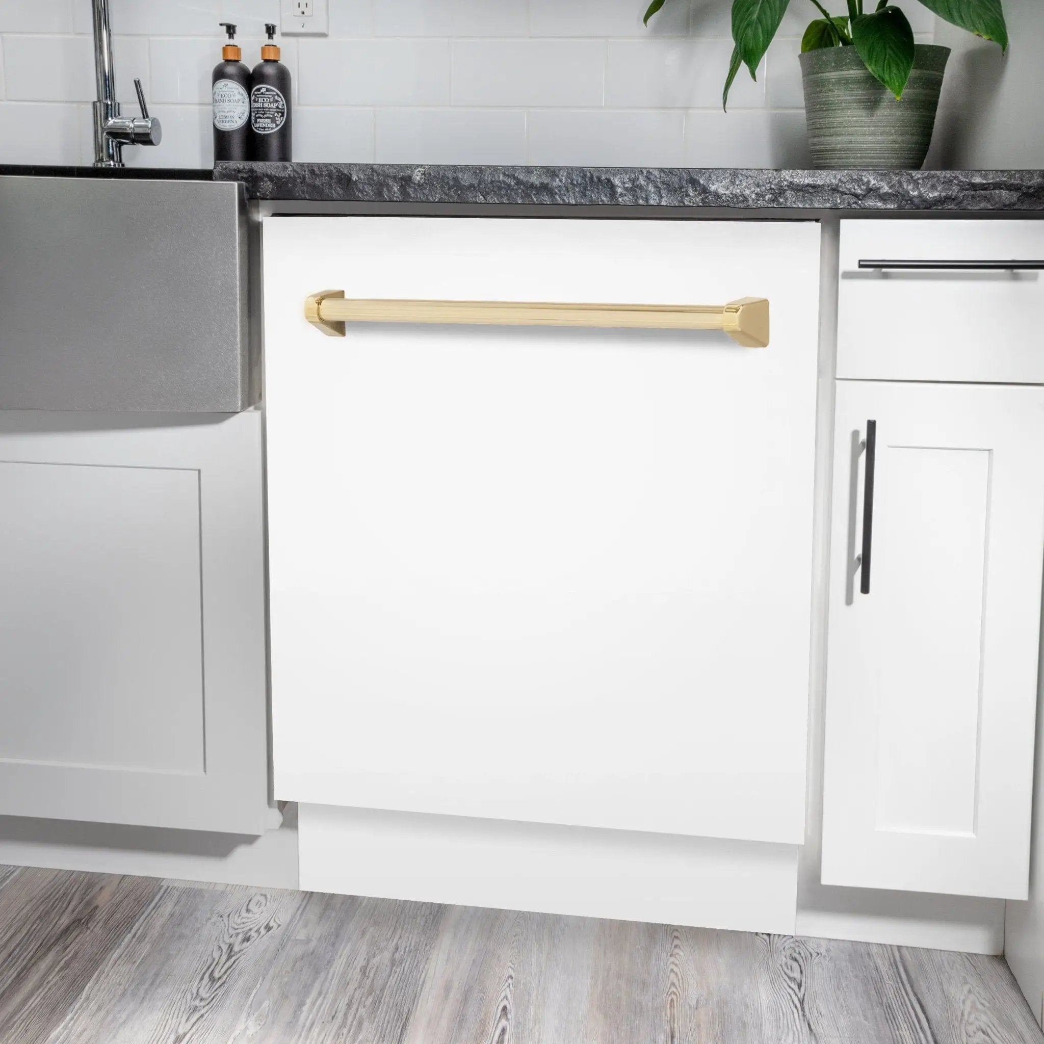 ZLINE Autograph White Door 24" Dishwasher, Gold Handle DWVZ-WM-24-G by Farmhouse Kitchen and Bath