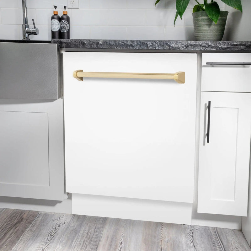 ZLINE Autograph White Door 24" Dishwasher, Gold Handle DWVZ-WM-24-G by Farmhouse Kitchen and Bath
