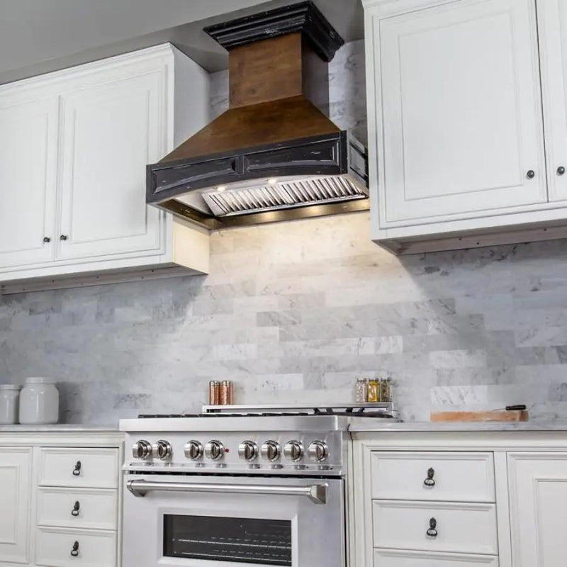 ZLINE 42" Wooden Wall Range Hood, Antigua and Walnut, 321AR-RS-42-400 by Farmhouse Kitchen and Bath