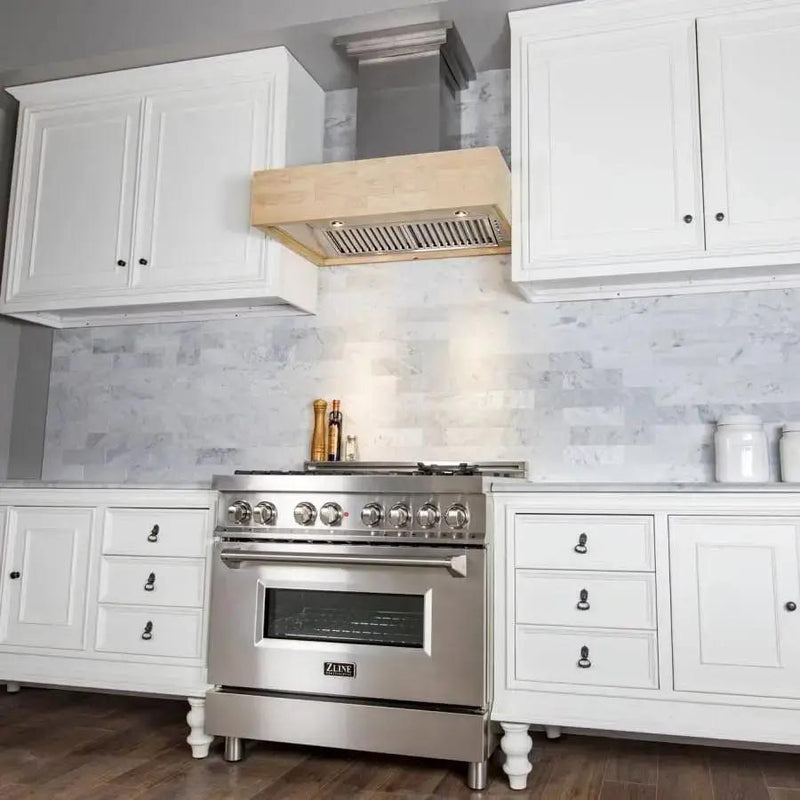 ZLINE 36" Wooden Wall Mount Range Hood, Butcher Block, 681M-36 by Farmhouse Kitchen and Bath