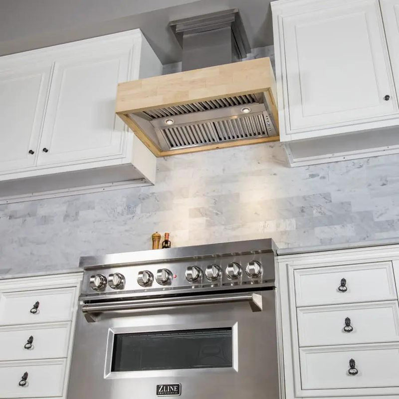 ZLINE 30" Wooden Wall Range Hood, Butcher Block, 681M-RS-30-400 by Farmhouse Kitchen and Bath