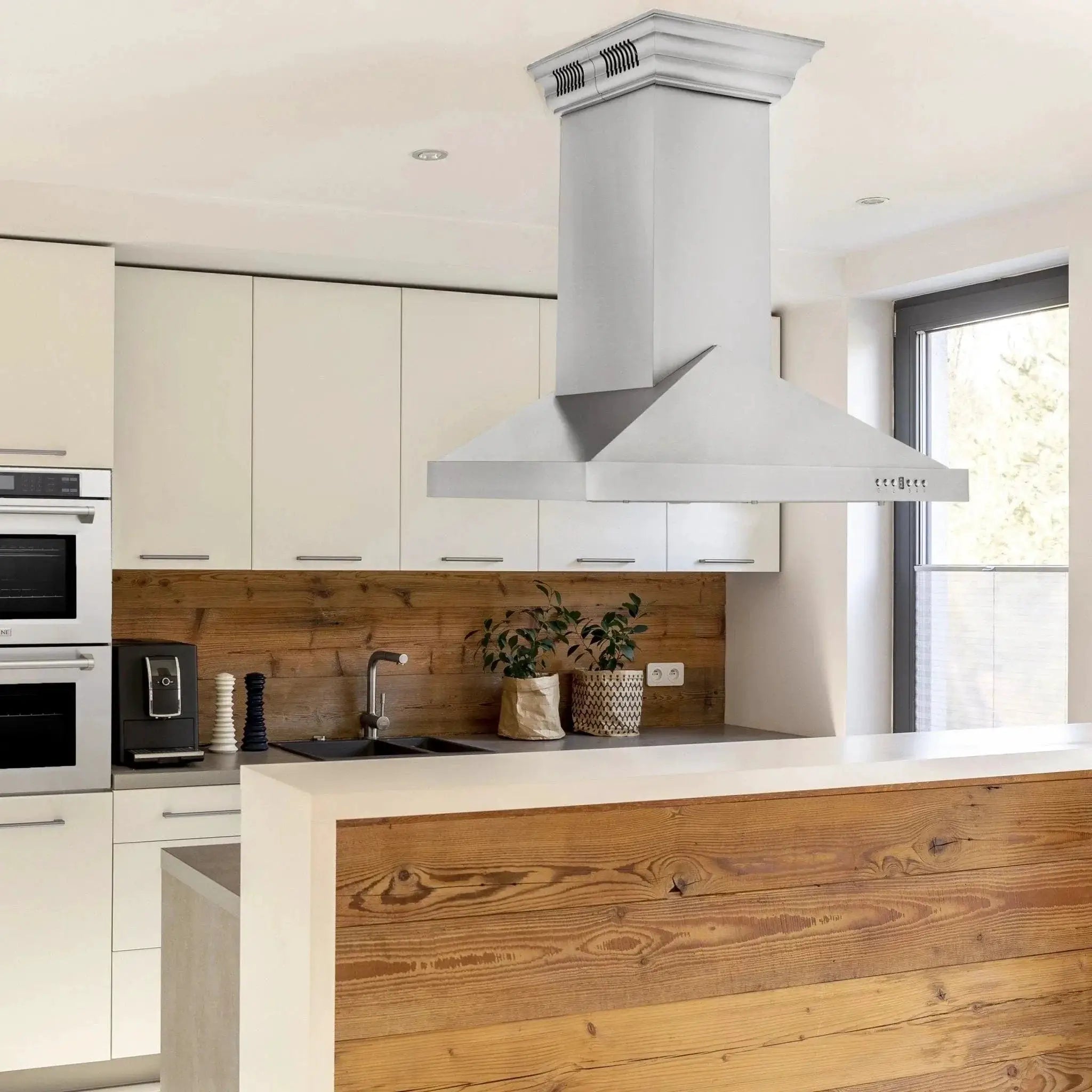 ZLINE Ducted Vent Island Mount Range Hood in Stainless Steel with Built-in ZLINE CrownSound Bluetooth Speakers GL1iCRN-BT-36 by Farmhouse Kitchen and Bath