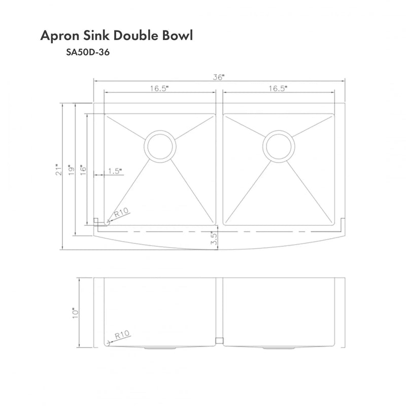 ZLINE Farmhouse 36" Double Bowl Apron Sink Stainless Steel, SA50D-36 by Farmhouse Kitchen and Bath