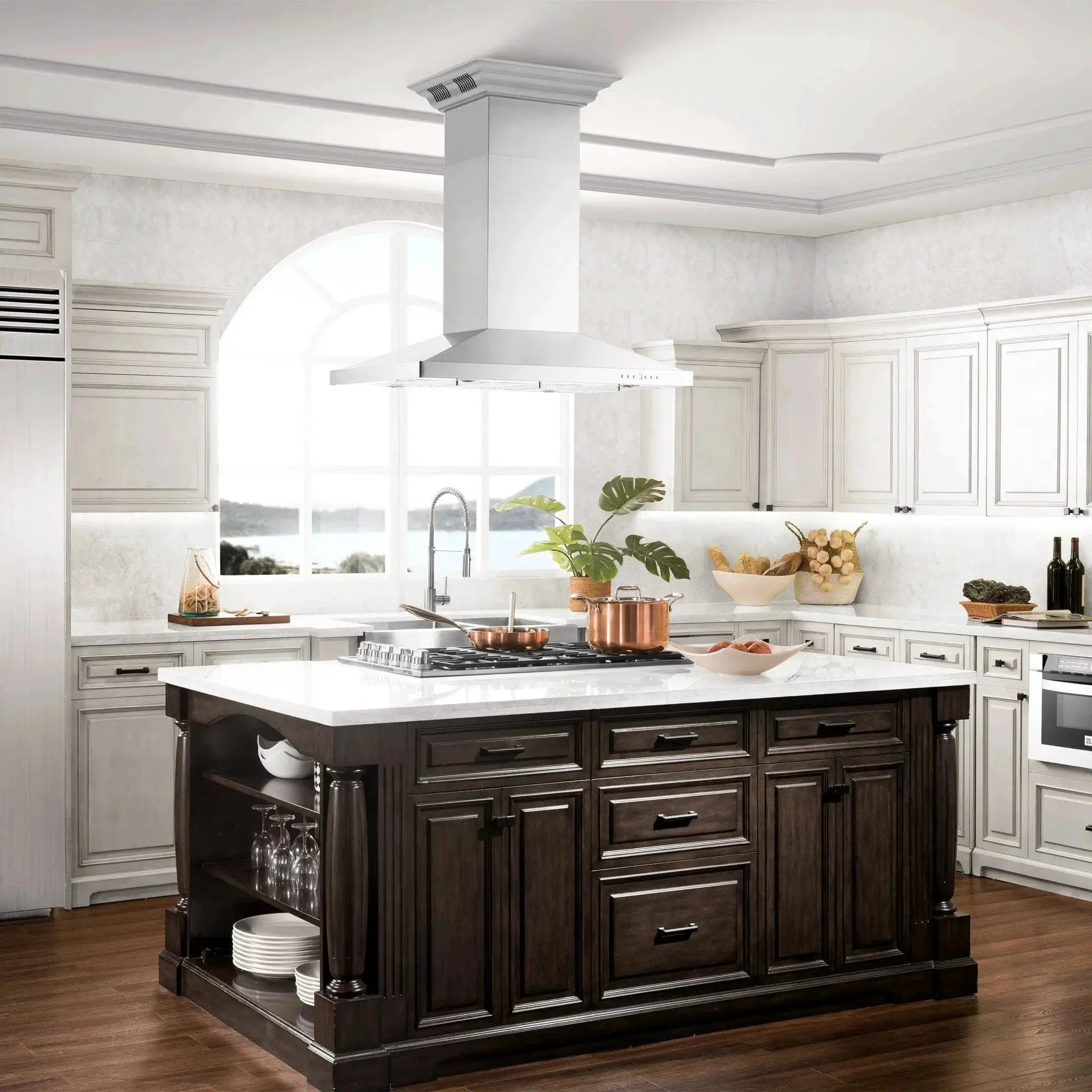 Zline Island Mount Range Hood in Stainless Steel with Built-in ZLINE CrownSound™ Bluetooth Speakers GL2iCRN-BT-42 by Farmhouse Kitchen and Bath