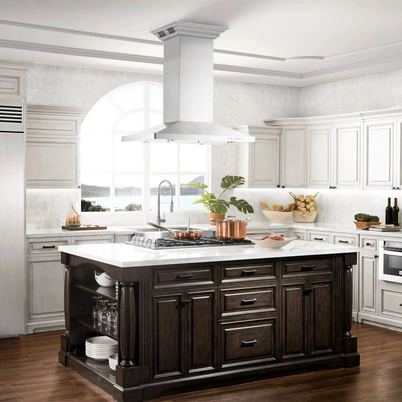 Zline Island Mount Range Hood in Stainless Steel with Built-in ZLINE CrownSound™ Bluetooth Speakers GL2iCRN-BT-42 by Farmhouse Kitchen and Bath